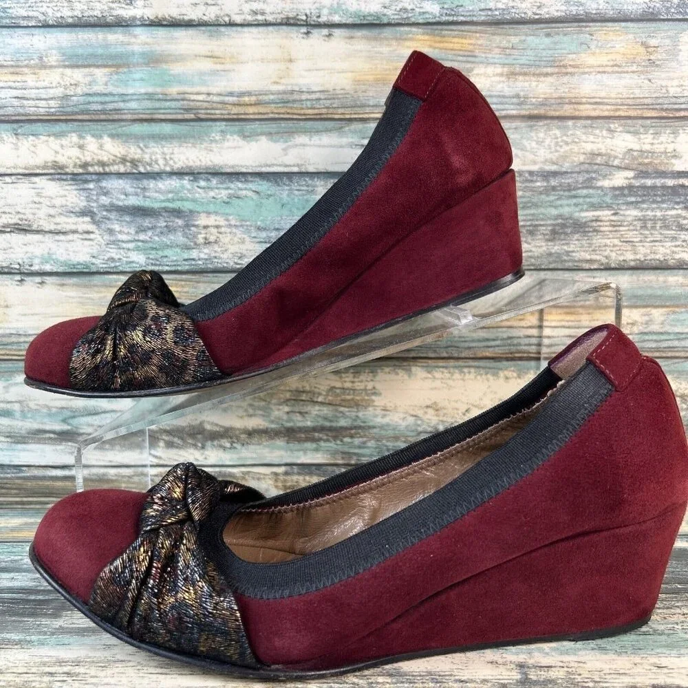Anyi Lu Wedge Heel Pumps Shoe Womens Size 7.5-8/38 Burgundy Suede Handmade Italy